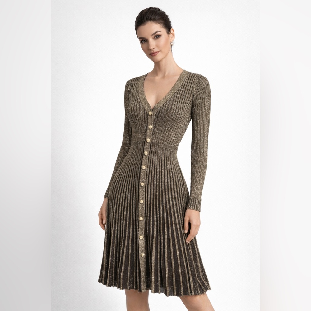 Taylor Metallic Ribbed Knit Dress Gold Button Front Size M - Picture 1 of 8